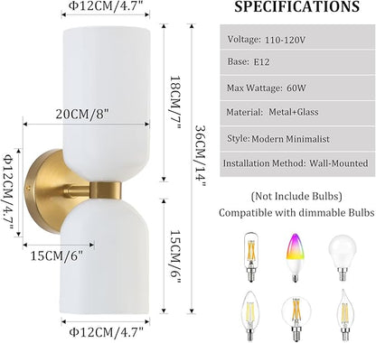 Modern Glass Wall Sconces- Double Head Wall Lighting with Long Short Glass Shades- Bathroom Vanity Light Mid-Century Up Down Hardwired Wall Lamp Indoor for Bedroom Hallway Living (Gold-White)