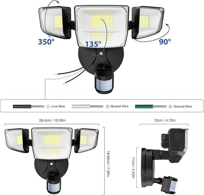 Onforu 90W 10000LM LED Motion Sensor Outdoor Lights, 4-Head Dusk to Dawn Outdoor Lighting, 2 Pack Hardwired Flood Lights, IP66 Waterproof 6500K Security Floodlight for Outside (Black)