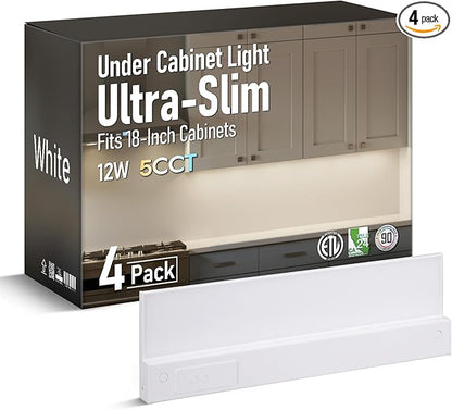 TORCHSTAR Ultra-Slim LED Under Cabinet Lighting Fits 18 Inch Cabinets, 5CCT 12W 900LM, Hardwired & Plug-in, 120V CRI90 Linkable Dimmable Thin Under Counter Lights for Kitchen, ETL T24, Pack of 4