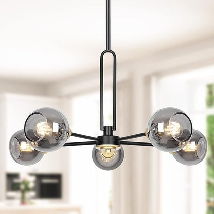 5-Light Globe Chandelier Pendant Lighting - Modern Large Semi-Flush Ceiling Light Fixture with Smoked Glass, Black Dining Room Light Fixture, Sputnik Light Fixture for Kitchen Living Room Bedroom