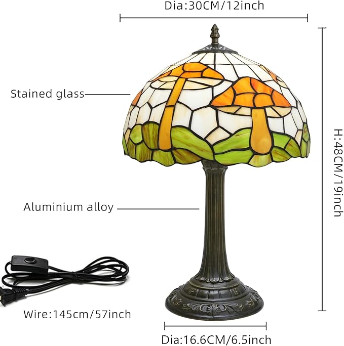 Tiffany Style Table Lamp with Brown Mushrooms Stained Glass Lamp 12 Inch Retro Bronze Base Bedside Lamp Living Rooms, Offices, Stores. Village Life Style Decorative Ambient Light Bedside Lamp
