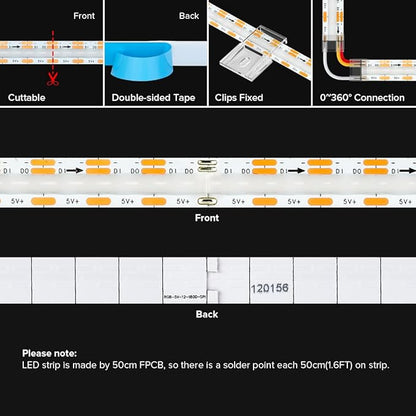 BTF-LIGHTING FCOB COB WS2811(WS2812B) IC RGB 180LED/m 180IC LED Strip DC5V 3.2FT Individual Addressable Flexible High Density Uniform Light Dream Chasing Color 10mm Width(NO Adapter or Controller)