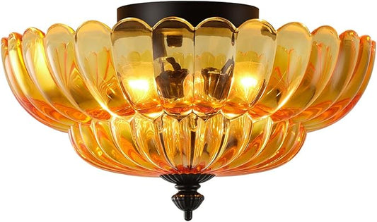 ANYLOVE Modern 12Inch Amber Flower Glass Semi Flush Mount Ceiling Light, 3 Light for Living Room Bedroom Hallway Entryway Foyer