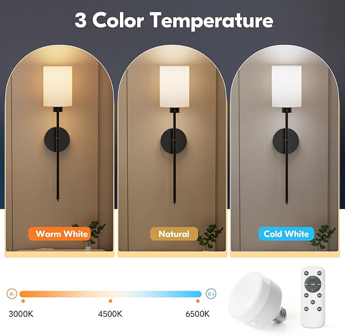 NIORSUN 24 inch Battery Operated Wall Sconce Set of 2, Black Wireless Rechargeable Wall Lights with 5200mAh Dimmable Detachable Bulbs and Remote, 9 Colors Sconces Wall Decor for Bedroom Living Room