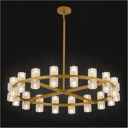 Modern 36 Inch Gold Crystal Wagon Wheel Chandelier, Large Round 36-Light Pendant Lighting Fixture, Adjustable Height for High Ceilings Living Room, Dining Room, Foyer, Entryways (gold-36in)
