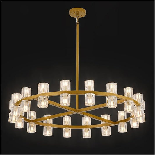 Modern 36 Inch Gold Crystal Wagon Wheel Chandelier, Large Round 36-Light Pendant Lighting Fixture, Adjustable Height for High Ceilings Living Room, Dining Room, Foyer, Entryways (gold-36in)