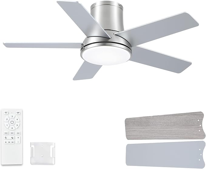 42 Inch Ceiling Fans with Lights and Remote, Flush Mount Nickel Ceiling Fan for Bedroom Living Room Indoor/Outdoor, Quiet 6 Speed Reversible DC Motor, 3CCT, Dual Color 5 Blades, ETL Listed