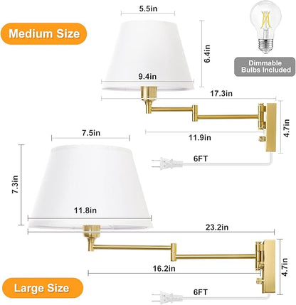 TRLIFE Dimmable Wall Sconce Plug in, Brushed Brass Wall Sconces Set of 2 Swing Arm Wall Lights with Plug in Cord and Dimmer On/Off Knob Switch, 11.8" Large White Fabric Shade(2 LED Bulbs Included)