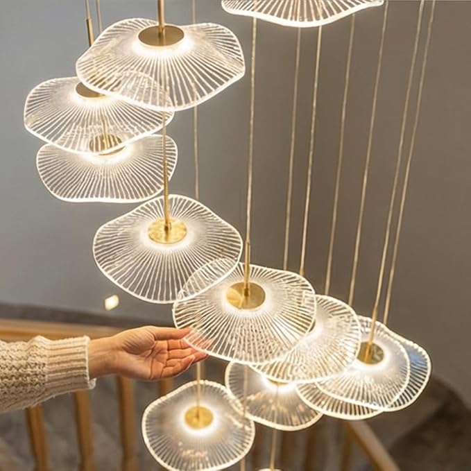 ziidoo High Ceiling Chandelier - 18-Light Dimmable Modern Gold Long Spiral Luxury Linear Lotus Leaf Led Lamp Hanging Pendant Lights for Foyer Enterway Staircase Villas