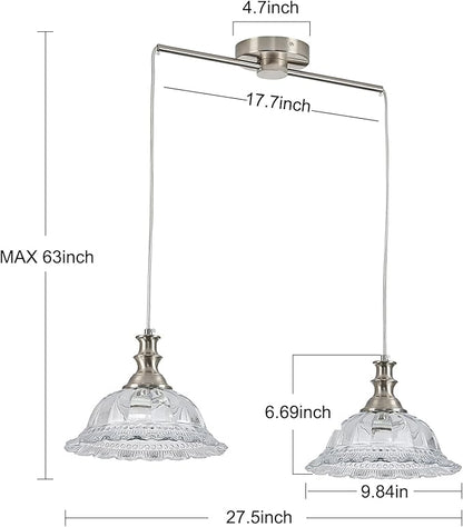 HDDFL 2 Light Pendant Light Fixtures Modern Glass Hanging Lights with Adjustable Cord for Kitchen Island Dining Room Living Room Hallway Brushed Nickel Metal