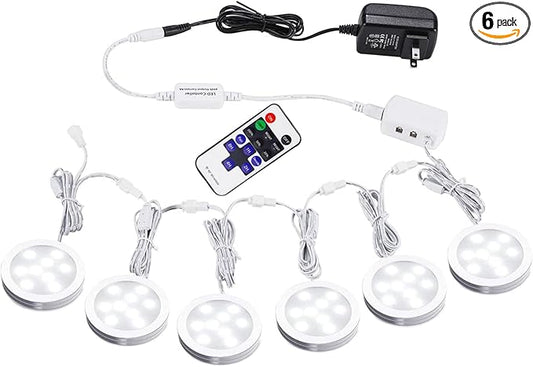 AIBOO Linkable Under Cabinet LED Lighting Kit 12V Slim Dimmable LED Puck Lights with Wireless Controller & UL Listed Wall Plug for Under Counter Lights, Display, Book Case Lighting(6 Pcs, 6000K)
