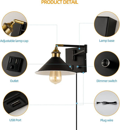 Bedside Wall Mount Light with Dimmable Switch and Outlet, Swing Arm Metal Shade Wall Sconce Light with USB Port and Plug in Cord, Black Wall Lamp for Bedroom, Living Room and Hotel