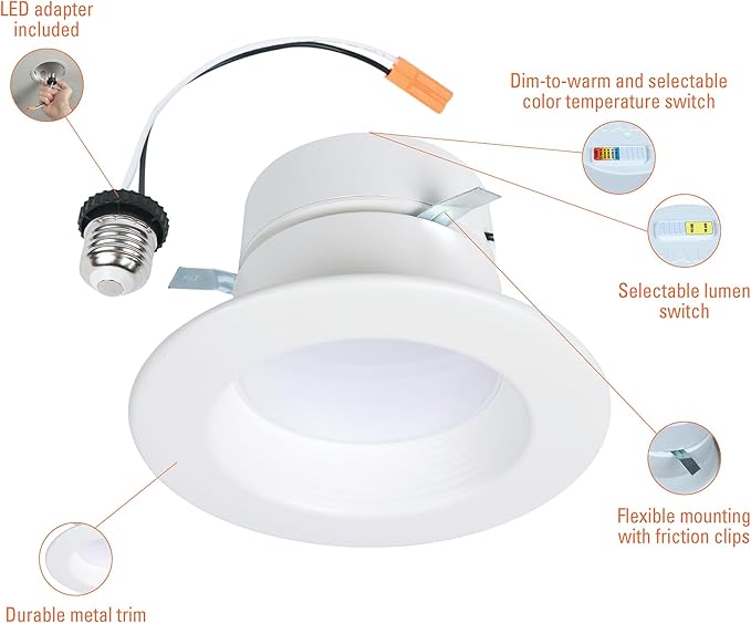 HALO RL 4 inch LED Recessed Light Retrofit Selectable CCT 2700K 3000K 3500K 4000K 5000K Dimmable Dim to Warm 600/900 Lumens Wet Location Indoor Outdoor Ceiling Downlight RL4LS9FSD2W1EWH