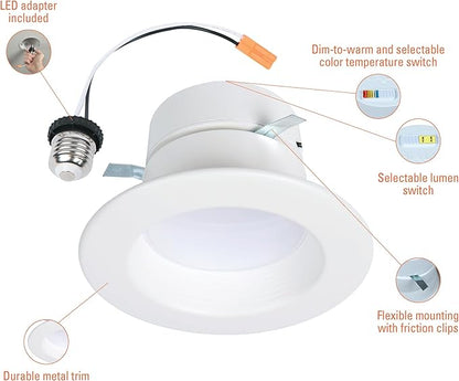 HALO RL 4 inch LED Recessed Light Retrofit Selectable CCT 2700K 3000K 3500K 4000K 5000K Dimmable Dim to Warm 600/900 Lumens Wet Location Indoor Outdoor Ceiling Downlight RL4LS9FSD2W1EWH