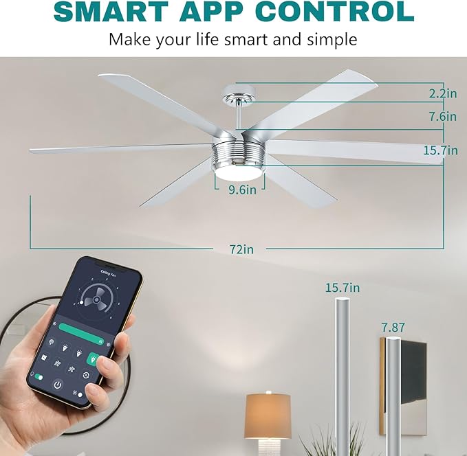 SHOWDI Ceiling Fan with Lights and Remote, 6 Blade App Control Timer Reversible Stepless Brightness and Color Temperature Outdoor Wood Ceiling Fan with Lights (Chrome, 72 Inch)