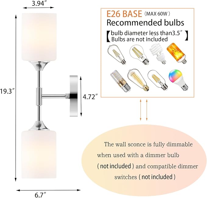 BYOLIIMA 2-Lights Modern Wall Sconce White Cylinder Glass Shades Mid Century Bathroom Vanity Wall Light Fixtures Industrial Wall Lamp for Bedroom Mirror Living Room Restaurant(Chrome Color)
