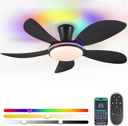 PHORUS 48" RGB Ceiling Fans with Lights and Remote/APP,Black Low Profile Ceiling Fans with Quiet Reversible DC Motor,Modern Flush Mount Fans Light for Bedroom Kids Room