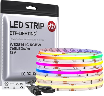 BTF-LIGHTING FCOB COB LED Strip Light, WS2814 Smart IC RGBW 3000K Color Chasing Light, UL Listed DC12V 16.4FT 784LEDs/m High Density 10mm Width for Home Party DIY Decor(No Adapter or Controller)