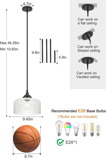 Black Vintage Pendant Lights Kitchen Island, Farmhouse Pendant Lights With Cracked Glass, Adjustable Hight & Angle Bathroom Hanging Lights Fixtures For Home Bedroom Hallway,Dining Room,E26 Socket