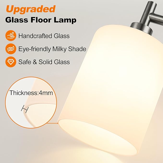 【Upgraded】Dimmable Floor Lamps for Living Room with Frosted White Glass Lampshade, Modern Industrial Floor Lamp with 900LM Bulb Included, Standing Tall Lamp for Bedroom, Office, Reading Room, Nickel