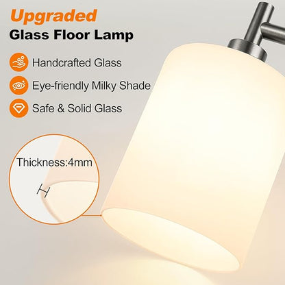 【Upgraded】Dimmable Floor Lamps for Living Room with Frosted White Glass Lampshade, Modern Industrial Floor Lamp with 900LM Bulb Included, Standing Tall Lamp for Bedroom, Office, Reading Room, Nickel