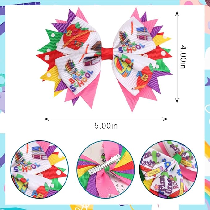 Estivaux 4 PCS Welcome Back Hair Accessories - Apple Pencil Hair Clips, Purple Pink Grosgrain Ribbon Bows for First Day of Kindergarten Party Favors