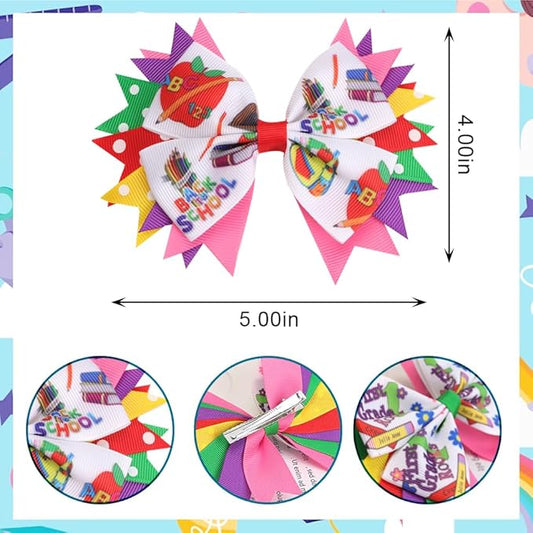 Estivaux 4 PCS Welcome Back Hair Accessories - Apple Pencil Hair Clips, Purple Pink Grosgrain Ribbon Bows for First Day of Kindergarten Party Favors