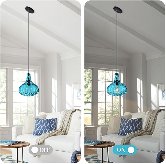 Kitchen Island Blue Pendant Lights, Vintage Globe Pendant Light Fixture Glass Mid-Century Modern Chandelier Pendant Lighting Black Finish 9.45″ Glass Shade Farmhouse (Blue-Hardwired)