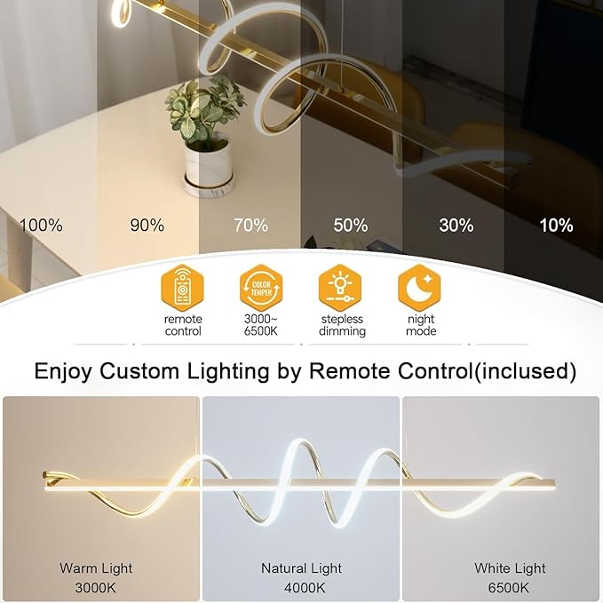 Led Pendant Light for Kitchen Island Lighting Dimmable 47.20" Twist Design Modern Led Chandelier 3000K-6500K