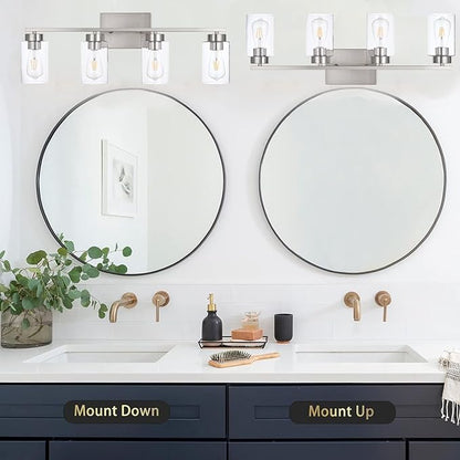 4 Light Bathroom Vanity Light Fixtures, Brush Nickel Modern Wall Lights with Clear Glass Shade, Vintage Wall Sconce Lighting for Living Room, Mirror, Bedroom, Hallway (Nickel, 4-Lights)