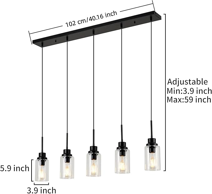 Black Dimmable Pendant Lighting for Kitchen Island, 5-Light Modern Pendant Lights for Kitchen Restaurant Living Room with Clear Glass Shade