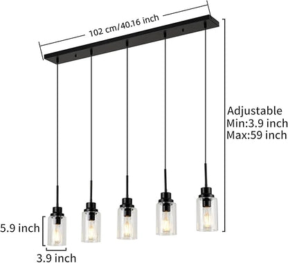 Black Dimmable Pendant Lighting for Kitchen Island, 5-Light Modern Pendant Lights for Kitchen Restaurant Living Room with Clear Glass Shade