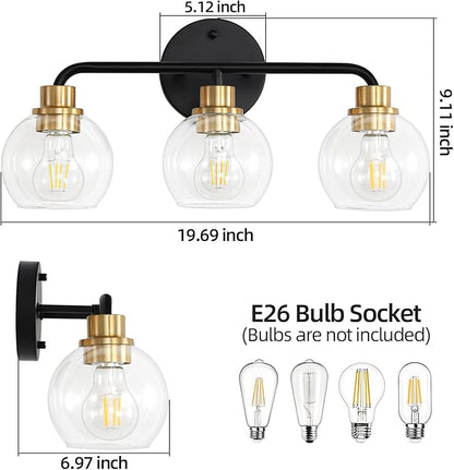 3 Light Bathroom Vanity Light, Black and Gold Bathroom Light Fixtures with Clear Glass Shade Modern Wall Sconces Lighting Bath Wall Lights Lamp for Mirror Kitchen Living Room Bedroom Hallway Cabinet