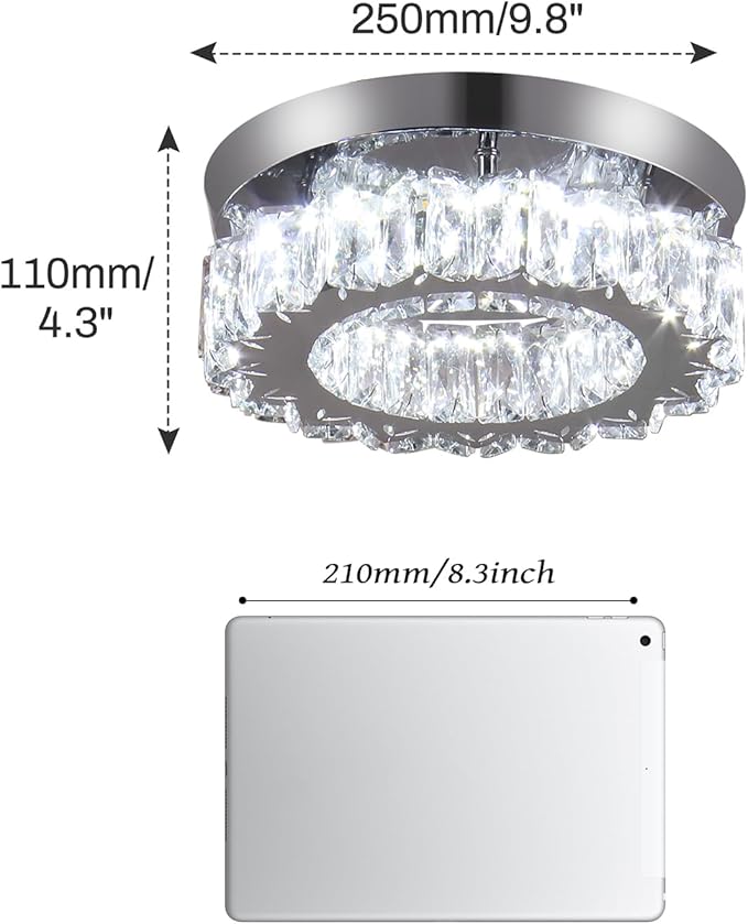 9.8" Crystal Flush Mount Ceiling Light Fixtures Modern Crystal Chandeliers Light Fixture LED Round Mini Ceiling Lamp for Kitchen 17W 6500K