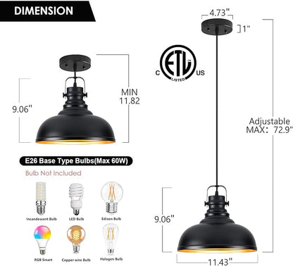 Refice 1 Pack Farmhouse Pendant Lights Black Pendant Lighting for Kitchen Island Adjustable Height Dome Hanging Lights for Barn, Dining Room