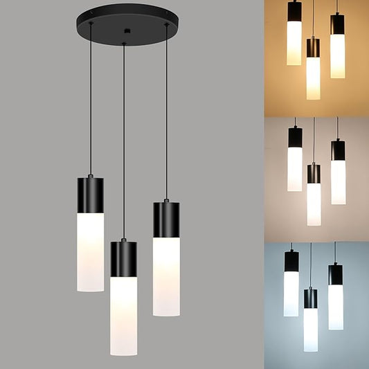 Cluster Black Pendant Lighting Fixture 3-Light Modern Hanging Dining Table Light with Milky White Lampshade LED Pendant Lights for Kitchen Island Dining Room Adjustable Height, 3000K-6000K
