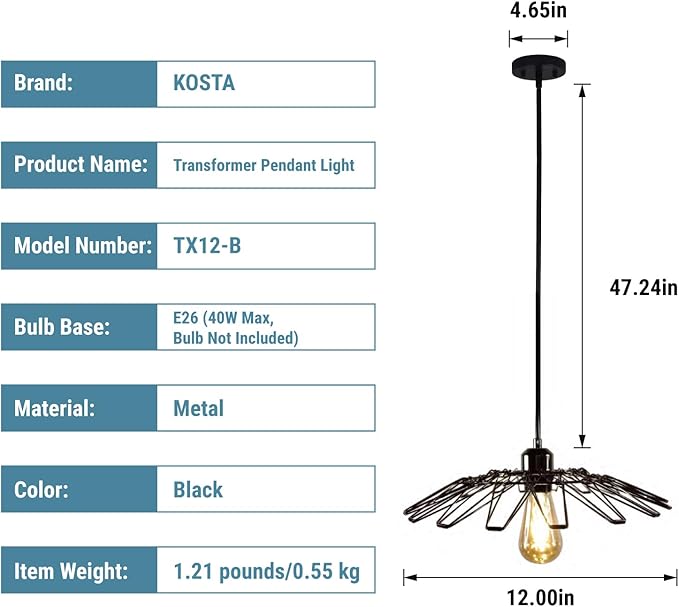 KOSTA Pendant Light Fixtures, Hanging Ceiling Lights, E26 Base Max. 40 Watts, for Kitchen Island Dining Restaurant Room Hallway Hotel Bar, 12 Inch, Bulb Not Included, 2-Pack
