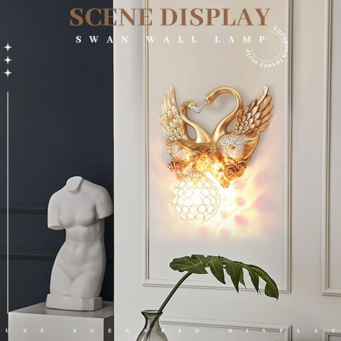 Gold Swan Wall Sconce, Modern Luxury Crystal Wall Lamp, Decorative Wall Lighting for Bedroom Living Room Hallway, Romantic Heart Shaped Wall Mounted Light Fixture, Resin Animal Wall Art Decor