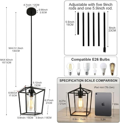 Black Pendant Lights Kitchen Island, 1-Light Farmhouse Kitchen Pendant Lighting Over Island, Metal Cage Island Hanging Lights for Kitchen, Dining Room, Entryway, Hallway, Foyer