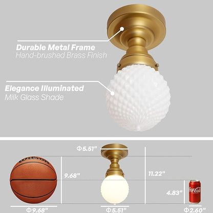 Vintage Close to Ceiling Light Fixtures Brass Gold Semi Flush Mount Ceiling Light Globe Milky White Glass Hallway Ceiling Light for Laundry Entryway Kitchen Bathroom Bedroom E26