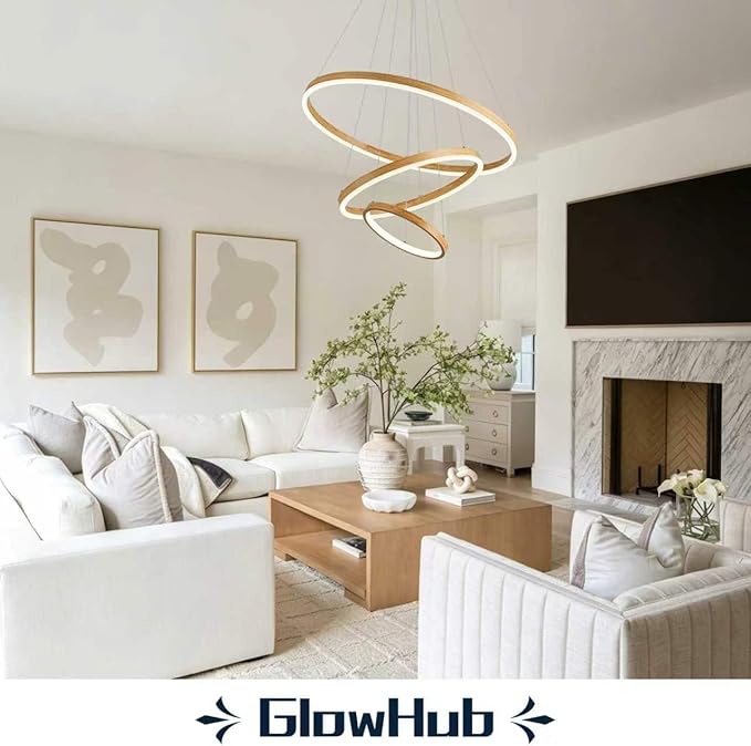 3-Ring LED Chandelier 24" Circular Pendant Light with Wood Grain Finish Dimmable Round Hanging Light Modern Farmhouse Chandeliers for Dining Room Foyer Office Adjustable 3000-6500K with Remote