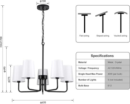 5-Light Farmhouse Chandelier, 25''Matte Black Linear Pendant Light with White Linen Shades, Adjustable Hanging Island Lighting for Kitchen, Dining Room, Foyer