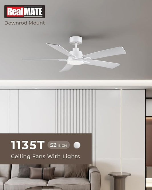 52 Inch Ceiling Fans with Lights and Remote, White Ceiling Fan, Downrod Style with 5 Blades, Modern Design For Indoor Bedroom Living Room/Outdoor, 6 Speed Reversible DC Motor, 3CCT Dimmable LED