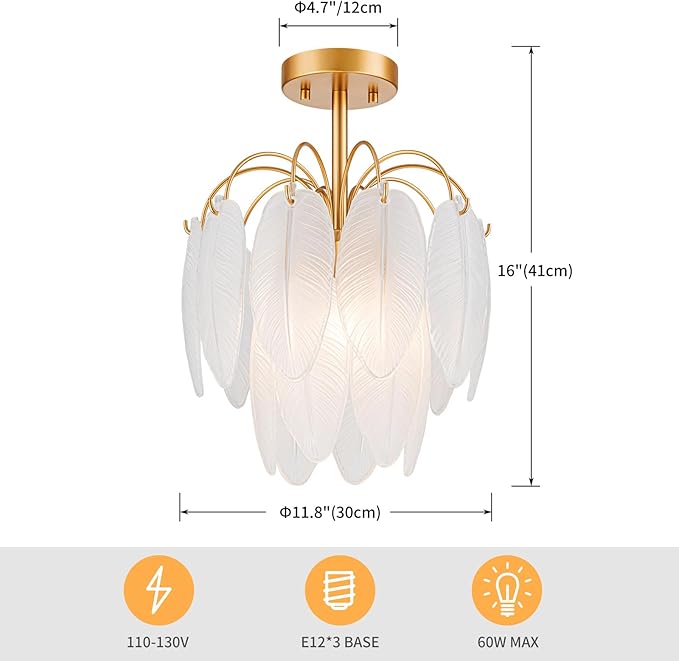 LumFurn D12 inch Glass Ceiling Light, 3-Light Modern Semi-Flushmount Close to Ceiling Light Fixture for Dining Room, Hallway & Bedroom, D12 x H16 in, Frosted Feather Glass Shade & Gold Finish Frame