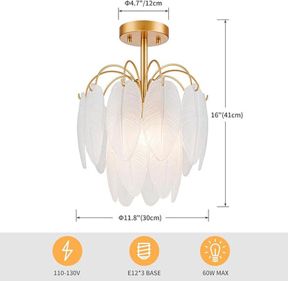 LumFurn D12 inch Glass Ceiling Light, 3-Light Modern Semi-Flushmount Close to Ceiling Light Fixture for Dining Room, Hallway & Bedroom, D12 x H16 in, Frosted Feather Glass Shade & Gold Finish Frame