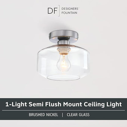 Designers Fountain Semi Flush Mount Ceiling Light, 8.75 Inch Clear Glass Lighting Fixture for Kitchen, Bedroom, Bathroom, and Hallway, Brushed Nickel, D335M-SF-BN