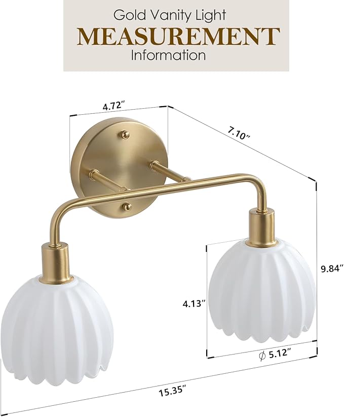 2-Light Gold Brass Bathroom Light Fixture,Wall Sconces,Brushed Gold Vanlity Light Over Mirror,Bathroom Vanity Light with White Glass Flower Shade,E26 Socket(Bulbs Not Included)