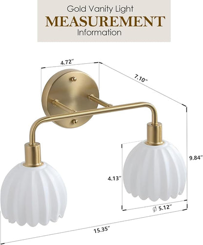 2-Light Gold Brass Bathroom Light Fixture,Wall Sconces,Brushed Gold Vanlity Light Over Mirror,Bathroom Vanity Light with White Glass Flower Shade,E26 Socket(Bulbs Not Included)