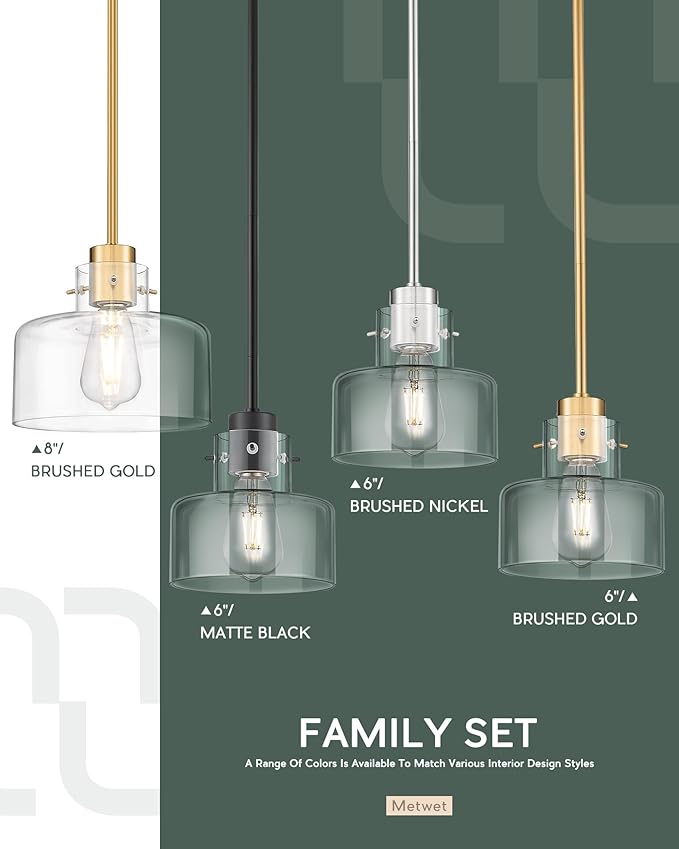 2 Pack Pendant Lights Kitchen Island, 8" Brushed Gold Pendant Light Fixtures Over Island with Clear Glass Shade, Modern Brass Kitchen Island Lighting for Dining Room Entryway, PL124-BG-G-2PL