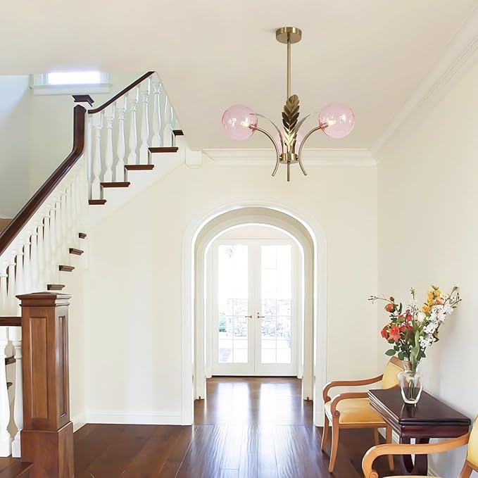 BOKT Pink Gold Sputnik Semi Flush Mount Ceiling Pendant Light Antique Globe Vintage Mid Century Modern Glass Chandelier for Dining Room Bedroom Kitchen Hallway G9 Bulb Included